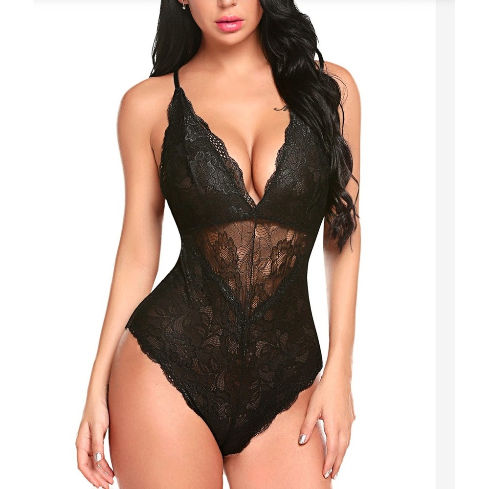 Avidlove Black Floral Lace Bodysuit‎ Sheer V-Neck Lingerie Small